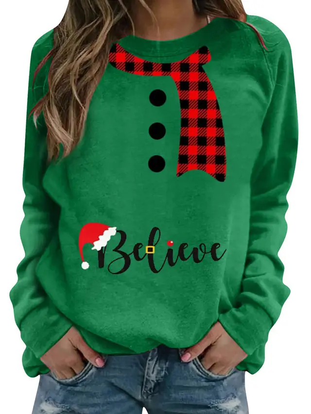 Christmas Pattern Printing Long Sleeve Crew Neck Sweater Women Green - Shop at LoveMi