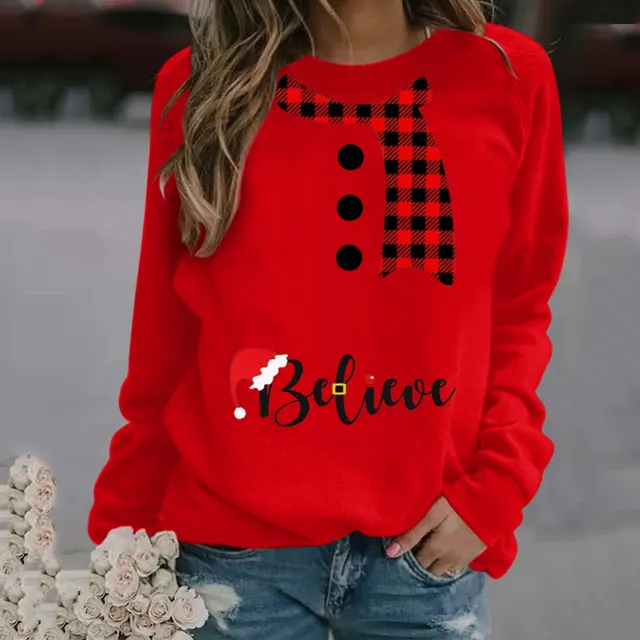 Christmas Pattern Printing Long Sleeve Crew Neck Sweater Women Red - Shop at LoveMi