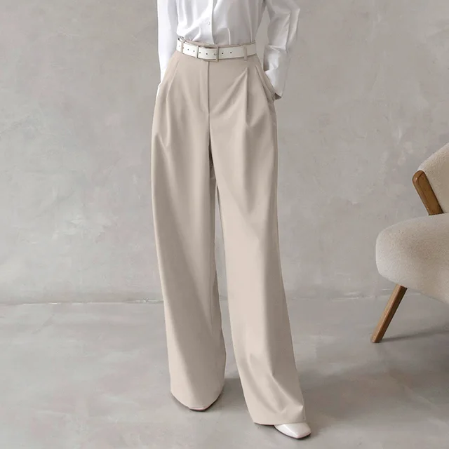 Women's Retro Classic Fashion Solid Color Loose High Waist Trousers Beige - Shop at LoveMi