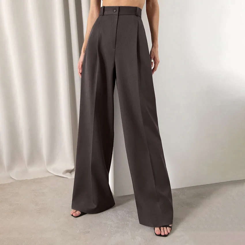 Women's Retro Classic Fashion Solid Color Loose High Waist Trousers - Brown
