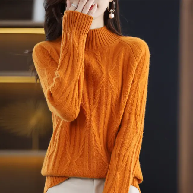 Pure Wool Autumn And Winter Women's Short Half Turtleneck Solid Color Sweater Pumpkin - Shop at LoveMi