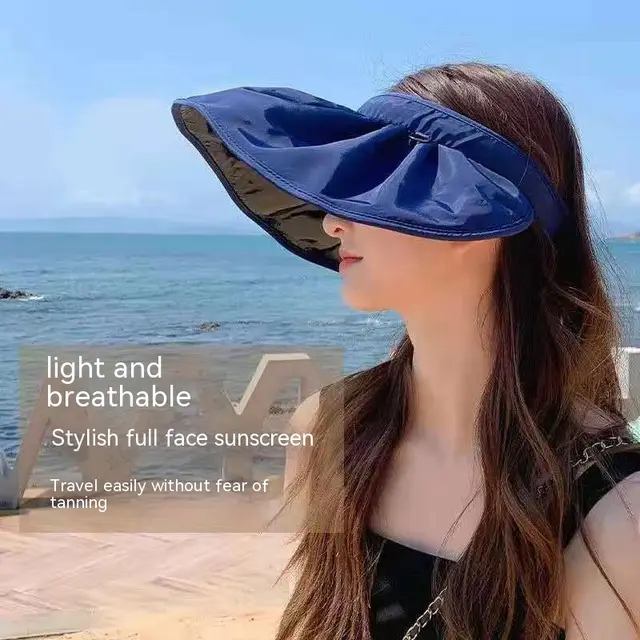 Vinyl Shell like Bonnet Female Sunshade Foldable Wide Brim Empty Top Cap Navy Blue Vinyl - Shop at LoveMi