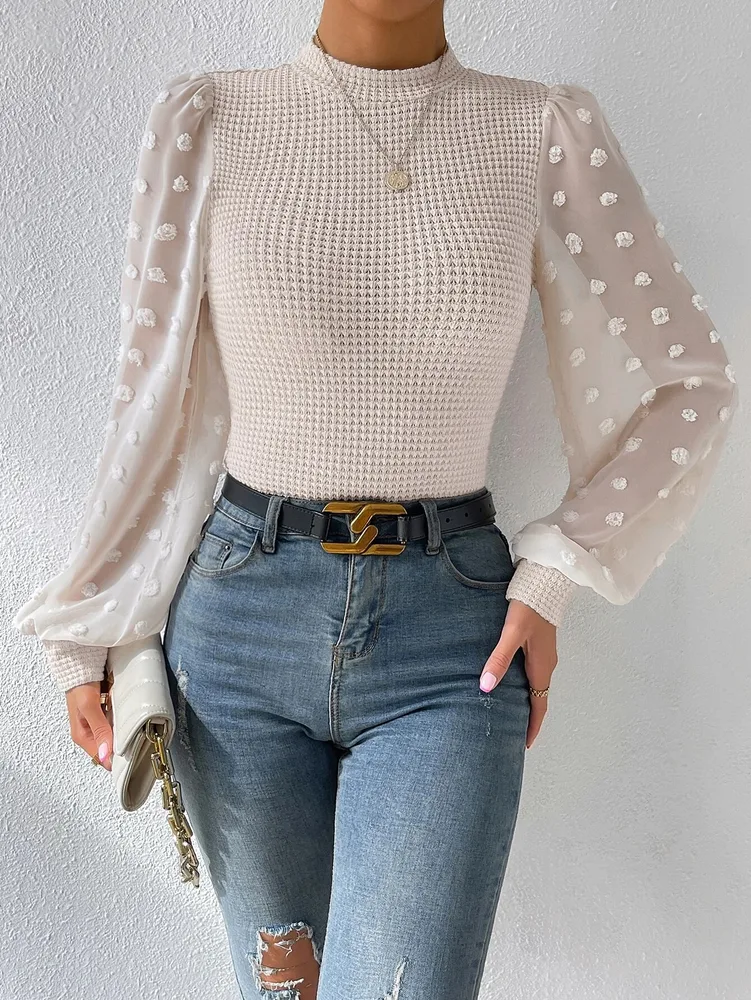 Women's Knitwear Round Neck Stitching Long Sleeve Apricot - Shop at LoveMi