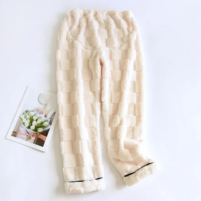 Fleece lined Thick Winter Coral Fleece Pajama Pants Home Pants Beige - Shop at LoveMi