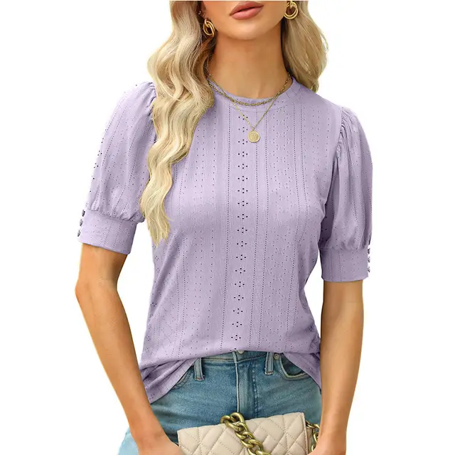 Summer Round Neck Hole Hollow out Button Short sleeved Casual Top Purple - Shop at LoveMi