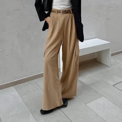 French Retro Classic Fashion Simple High Waist Wide Leg Pants Khaki - Shop at LoveMi