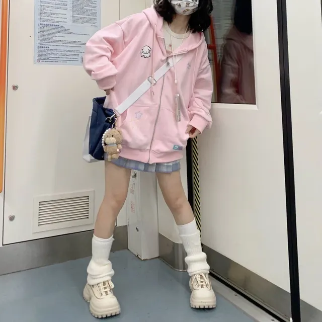 Sweet Little Dog Embroidered Loose And Versatile Hooded Cardigan For Women Pink - Shop at LoveMi