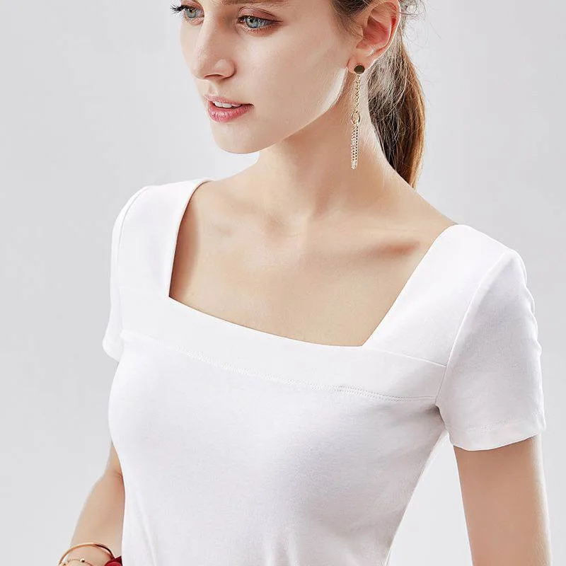 Cotton Women's Short sleeved T shirt White Square Cut Collar - Shop at LoveMi