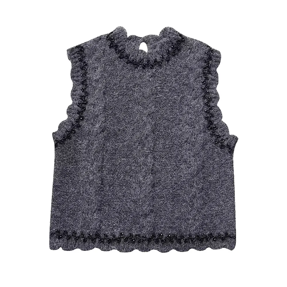 French Beaded Sleeveless Crew Neck Casual Sweater Gray - Shop at LoveMi