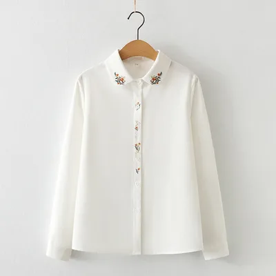 Flower Embroidered Cotton Round Neck Long Sleeve Shirt Women's Placket Rabbit Shirt White - Shop at LoveMi