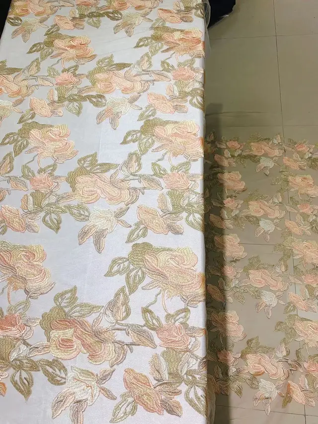 Multicolor Gold Thread Flower Mesh Embroidered Lace Fabric Apricot - Shop at LoveMi