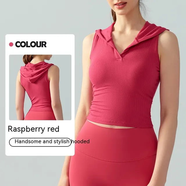 Hooded Ribbed Yoga Vest Women's Short Solid Color Sleeveless Workout Top Raspberry Red - Shop at LoveMi