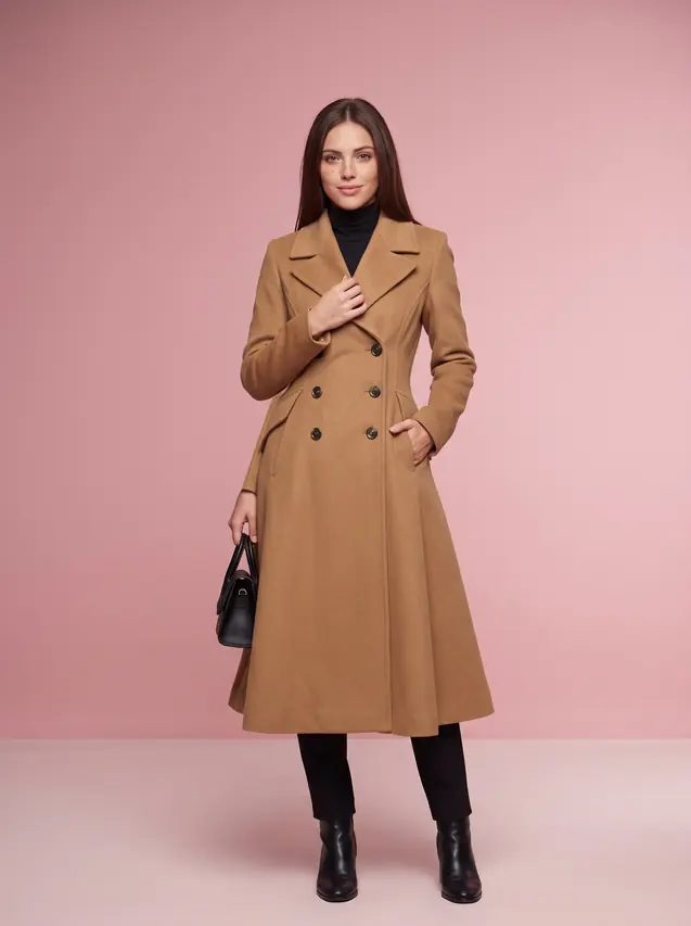 Camel Double Breasted Wool Coat, Slim Fit with Flared Skirt Camel - Shop at LoveMi