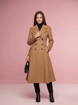 Camel Double-Breasted Wool Coat, Slim Fit with Flared Skirt - Camel