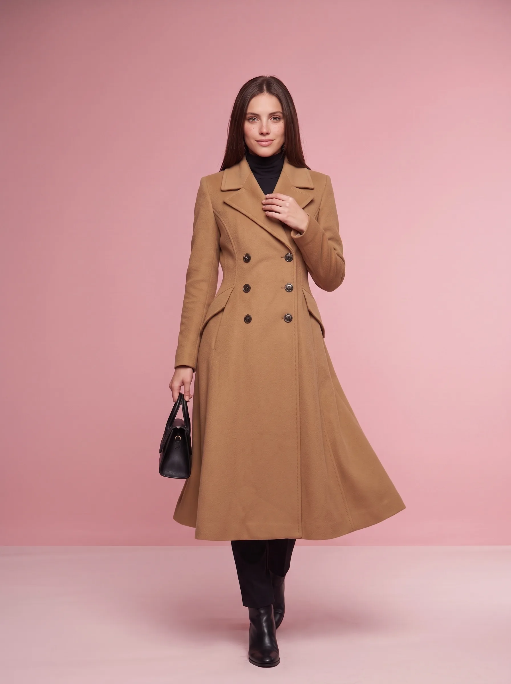 Camel Double-Breasted Wool Coat, Slim Fit with Flared Skirt - Camel - View 2