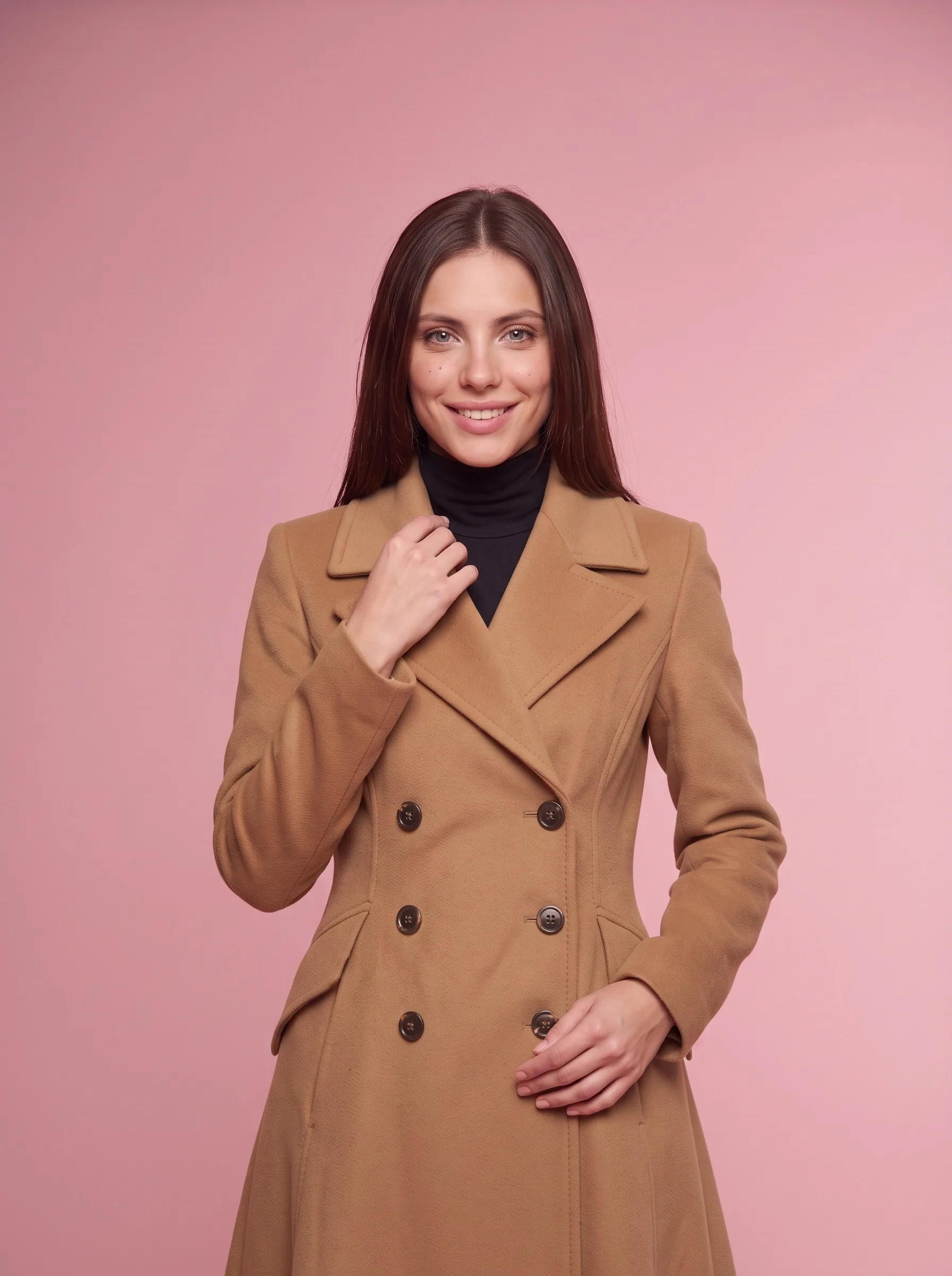 Camel Double-Breasted Wool Coat, Slim Fit with Flared Skirt - Camel - View 3