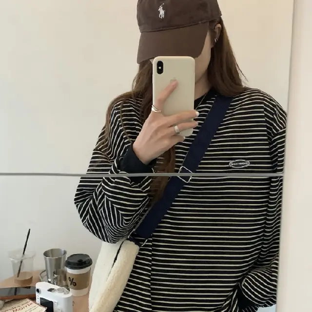 Thin Striped Long sleeved Sweater Loose Round Neck Pullover Black - Shop at LoveMi
