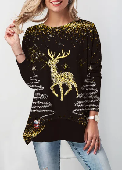 Christmas Autumn Women's Printed Round Neck Long Sleeve T shirt Top Element 3 4Xl - Shop at LoveMi