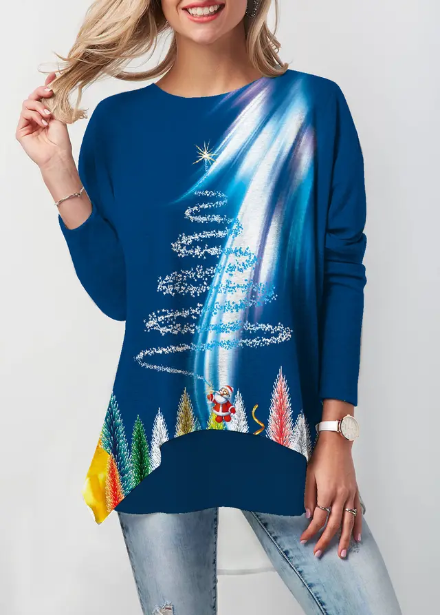 Christmas Autumn Women's Printed Round Neck Long Sleeve T shirt Top Element 4 - Shop at LoveMi
