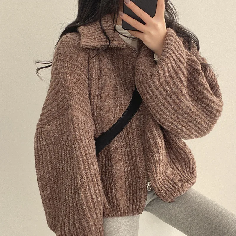 Idle Style Lapel Double headed Zipper Design Loose All match Long Sleeve Caramel - Shop at LoveMi