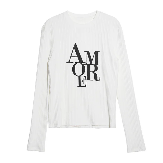 Autumn And Winter Striped Slimming Top Women's Round Neck Letter Print Long sleeved T shirt Women White - Shop at LoveMi