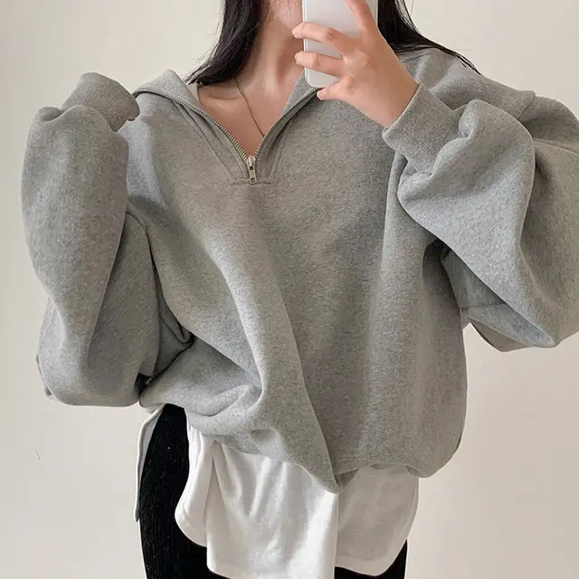 Age reducing Sailor Collar Loose Leisure All matching Solid Color Long Sleeve Pullover Hoodie Women Gray - Shop at LoveMi
