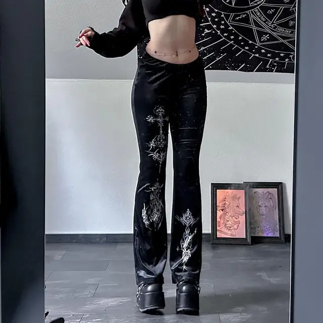 Fashion Temperament Slim Fit Velvet Print Bell bottom Pants Black - Shop at LoveMi