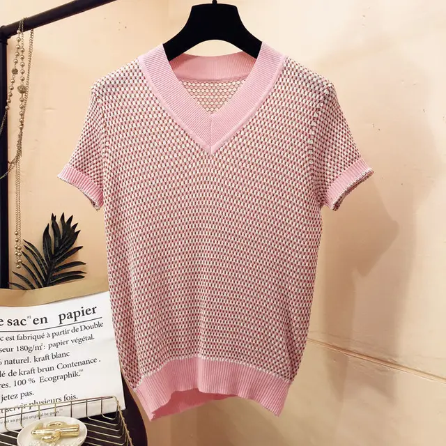 Summer Ice Silk Short sleeved T shirt Women's Sweater Fine Plaid V neck Bottoming Shirt Top Pink - Shop at LoveMi