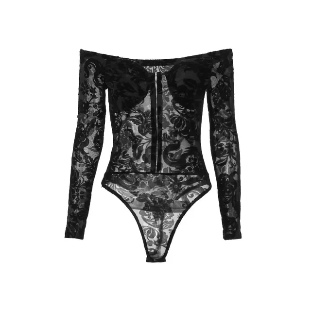 Lace Printed Slim fit Jumpsuit European And American Style Flocking Off shoulder Long sleeved Top Black - Shop at LoveMi