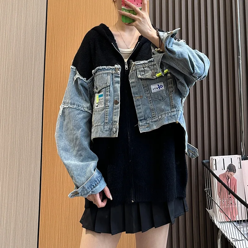 Denim Stitching Sweater Coat Women's Design Sense Black - Shop at LoveMi