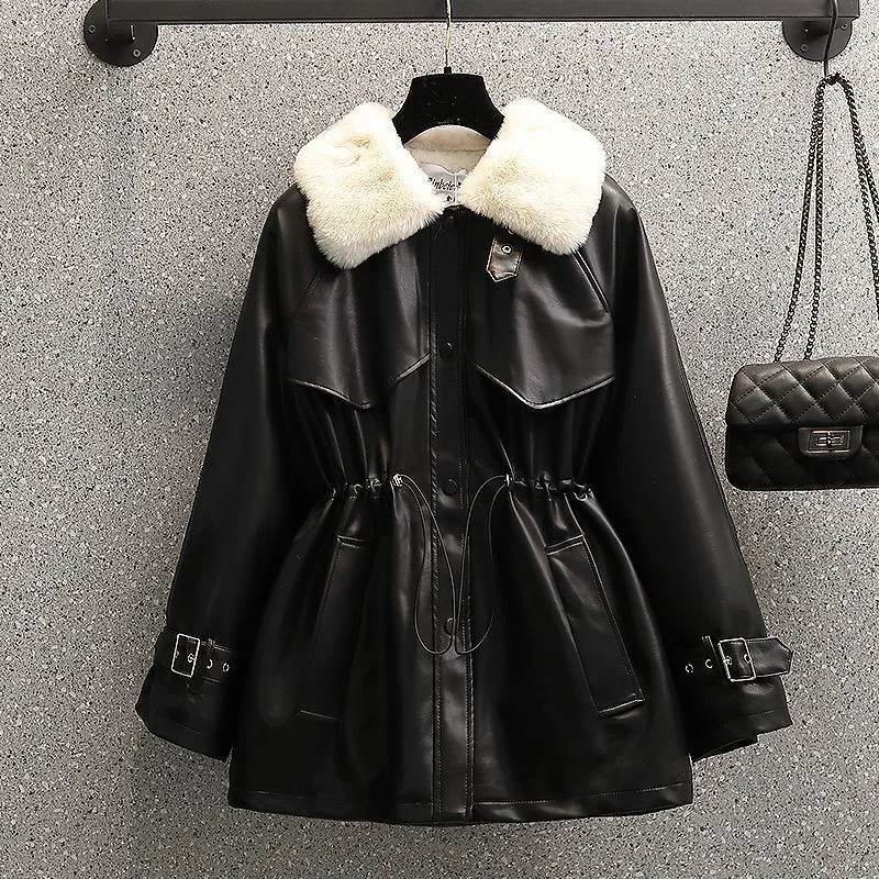 Plus Size Women's Winter Fashion Temperament Waist controlled Fleece lined Leather Coat Black - Shop at LoveMi