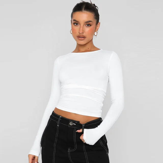 Knitwear Tight Casual Long Sleeve T shirt Bottoming Shirt All matching Outer Wear Essu002 White - Shop at LoveMi