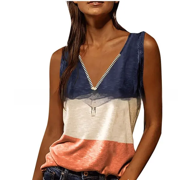 Women's V neck Zipper Pullover Print Vest Dark Blue - Shop at LoveMi