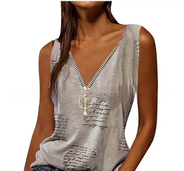 Women's V neck Zipper Pullover Print Vest Light Brown - Shop at LoveMi