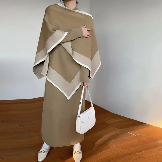 Cape Loose Multicolor Fashionable Knitted Dress Brown - Shop at LoveMi