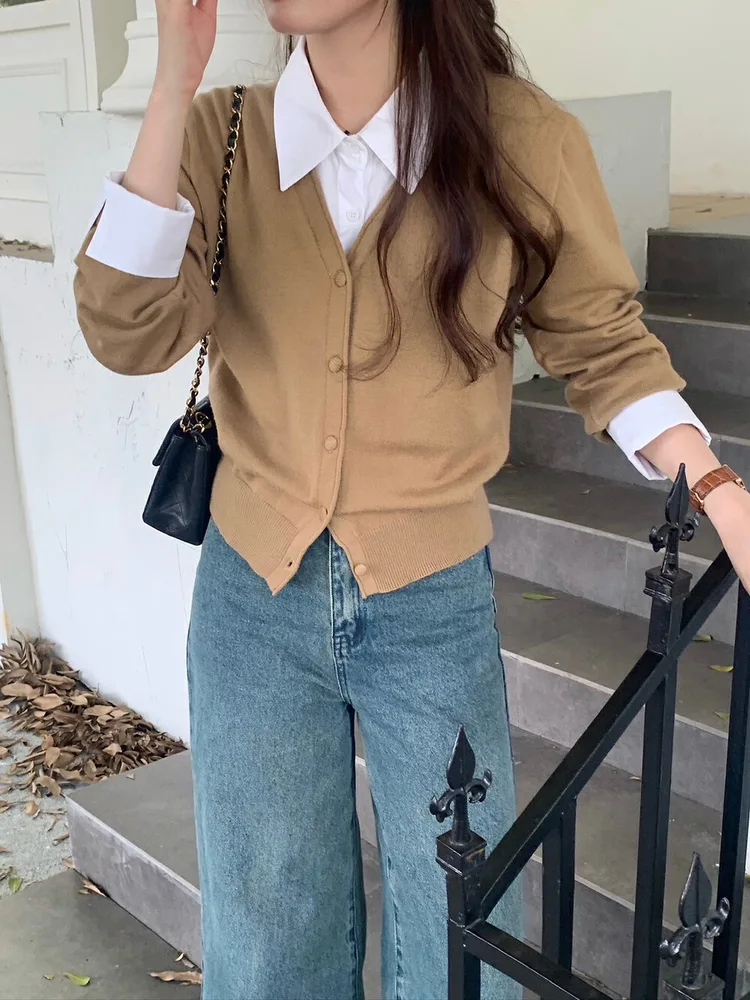 Autumn Winter False two piece Shirt Stitching Sweater Female Commute Style Camel - Shop at LoveMi