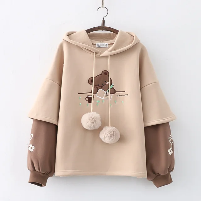 Japanese Mori Winter Fleece lined Thickening Embroidery Painting Bear Hooded Pullover Women's Sweater Light Khaki - Shop at LoveMi