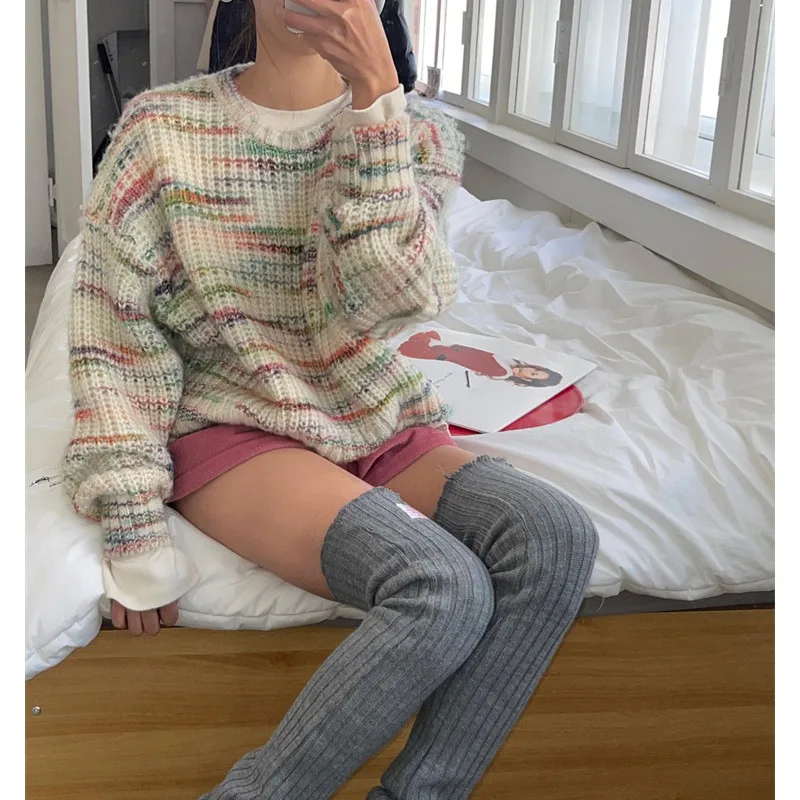 Cute Mixed Color Rainbow Round Neck Loose Pullover Sweater - Shop at LoveMi