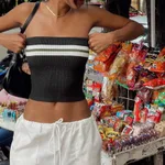Ins Super Popular European And American Knitted Tank-top Contrast Color Striped Tube Top - Black