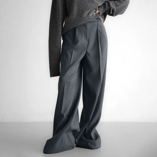 Retro Classic Solid Color Commute Loose Suit Pants Gray - Shop at LoveMi