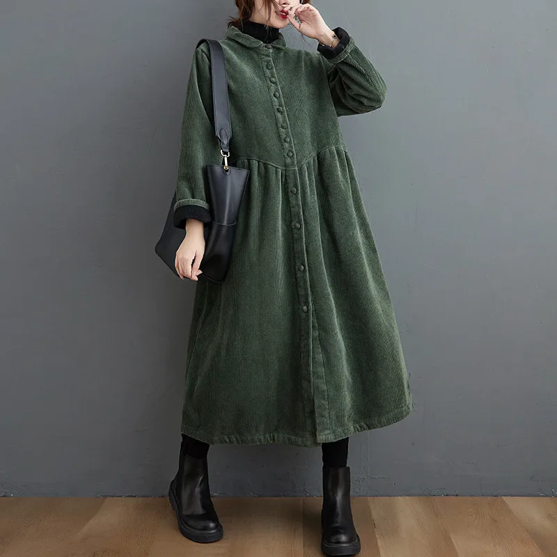 Autumn And Winter Fleece lined Long Sleeve Retro Artistic Loose Corduroy Casual Coat For Women Dark Green - Shop at LoveMi