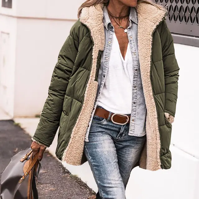 Solid Color Hooded Short Cotton Jacket Long Sleeve Double sided Wear Slim Fit Elegant Cardigan Coat Top Army Green - Shop at LoveMi