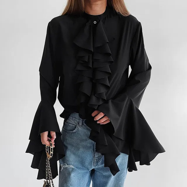 Design Ruffled Long Sleeve Shirt Black New Color - Shop at LoveMi