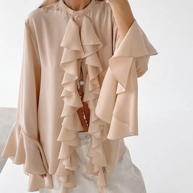 Design Ruffled Long Sleeve Shirt Khaki New Color - Shop at LoveMi