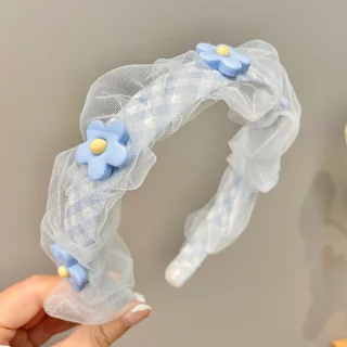 Mesh Pearl Small Flower Blue Color Face Wash Hair Bands Female - Mesh Flower Headband