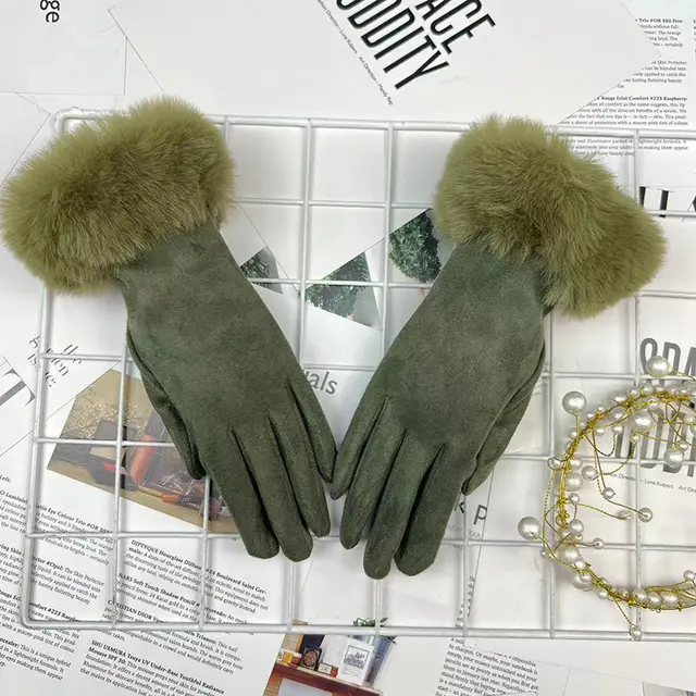 Warm Women's Fur Mouth Winter Riding Fleece lined Finger Gloves Battery Car Thickened Army Green - Shop at LoveMi