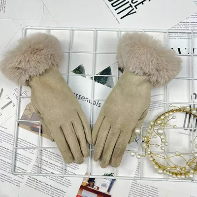 Warm Women's Fur Mouth Winter Riding Fleece lined Finger Gloves Battery Car Thickened Beige - Shop at LoveMi
