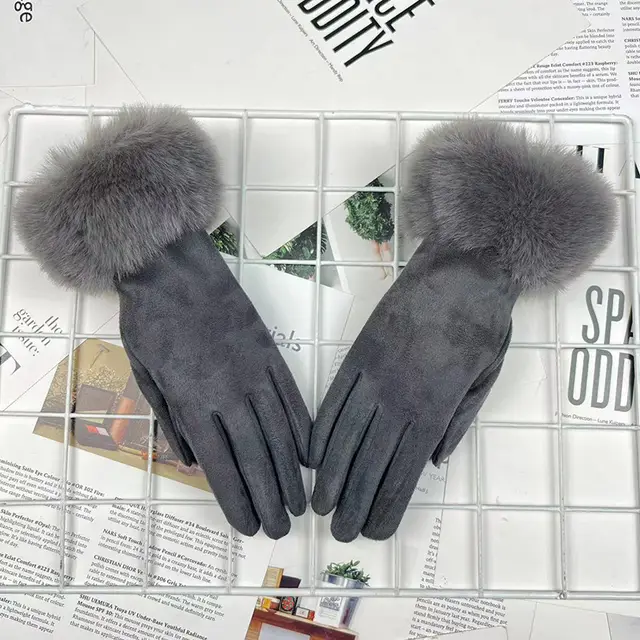 Warm Women's Fur Mouth Winter Riding Fleece lined Finger Gloves Battery Car Thickened Dark Gray - Shop at LoveMi