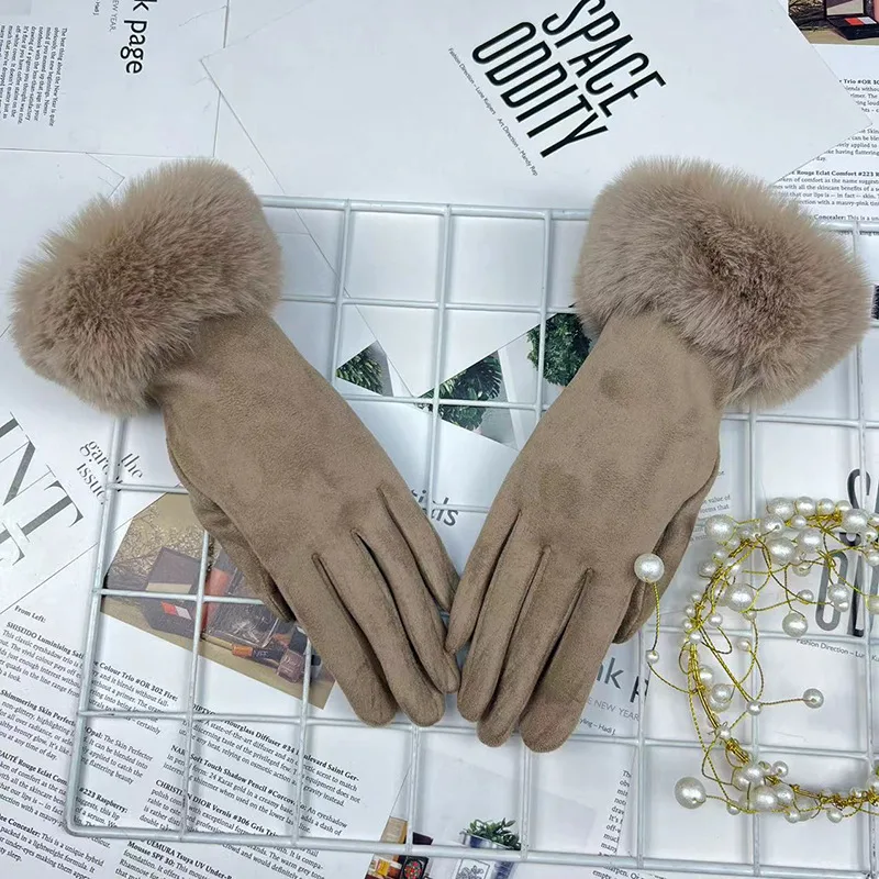 Warm Women's Fur Mouth Winter Riding Fleece-lined Finger Gloves Battery Car Thickened - Khaki - View 1