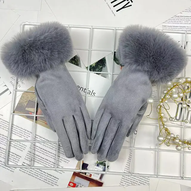 Warm Women's Fur Mouth Winter Riding Fleece lined Finger Gloves Battery Car Thickened Light Gray - Shop at LoveMi